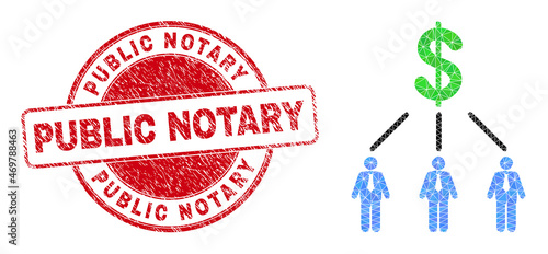 Low-Poly polygonal dollar managers links icon illustration with PUBLIC NOTARY rubber stamp. Red stamp has Public Notary title inside circle form. Dollar managers links icon is filled with triangles.