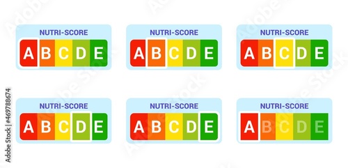 Nutriscore stickers set Nutri-Score panel system sign Health care symbol logo for packaging design Packaging label Vector illustration photo