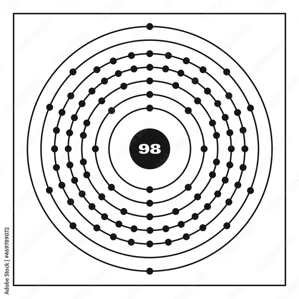 Bohr model representation of the californium atom, number 98 and symbol ...