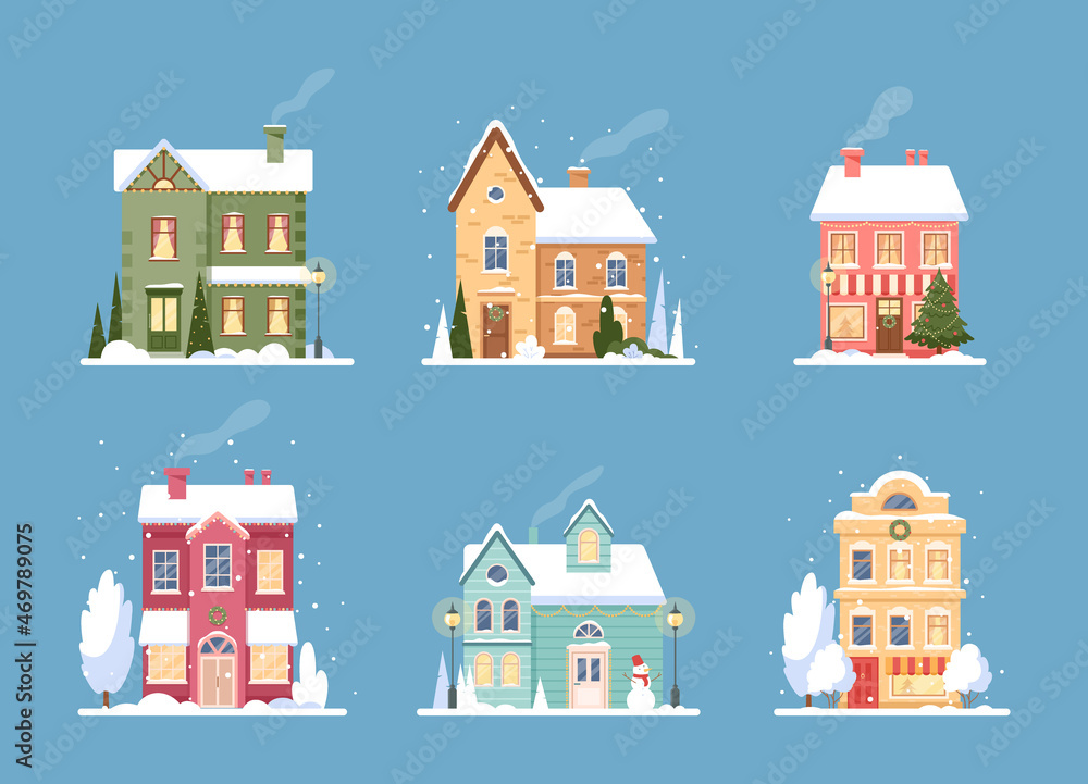 Obraz premium Christmas house. Vector set of winter xmas village with house in snowfall, rural cottages with smoking chimney, lanterns, trees and festive garlands in flat design. Merry Christmas. Winter landscape
