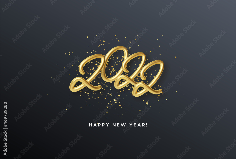 Calendar header 2022 realistic metallic gold number on gold glitter background. Happy new year 2022 golden background. Vector illustration