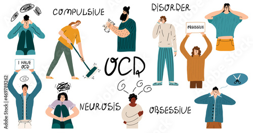 Big set with people suffering from obsessive compulsive disorder. Characters with neurosis, phobias, panic attacks. Vector hand-drawn illustration with text. photo