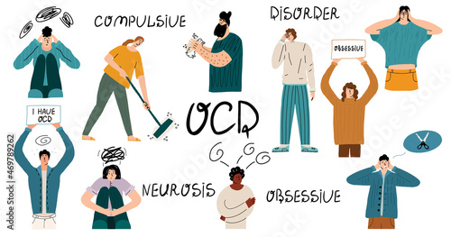 Big set with people suffering from obsessive compulsive disorder. Characters with neurosis, phobias, panic attacks. Vector hand-drawn illustration with text.