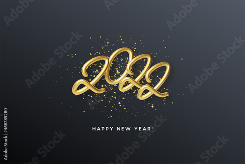 Calendar header 2022 realistic metallic gold number on gold glitter background. Happy new year 2022 golden background. Vector illustration