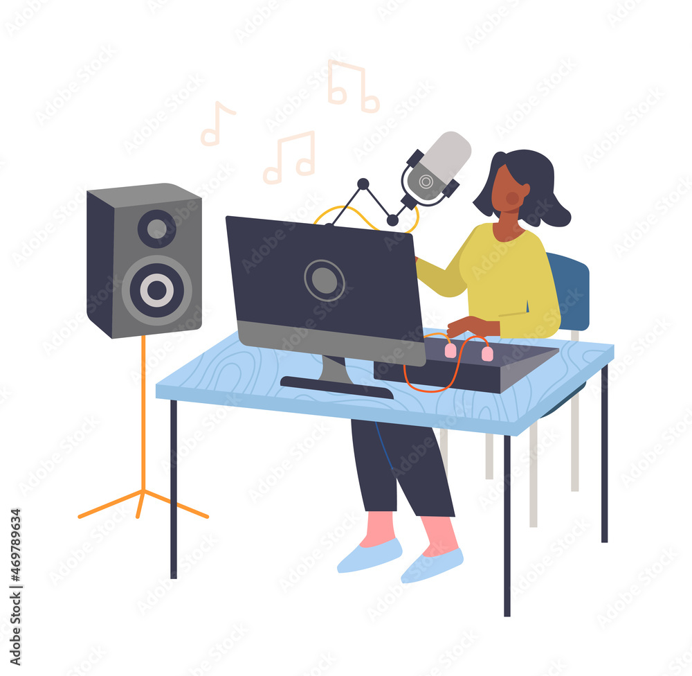 Creative workplace concept. Female singer sitting at her desk and processing track recording. Woman with microphone, laptop and speaker in studio. Convenient space. Cartoon flat vector illustration Creative workplace concept. Female singer sitting at her desk and processing track recording. Woman with microphone, laptop and speaker in studio. Convenient space. Cartoon flat vector illustration
