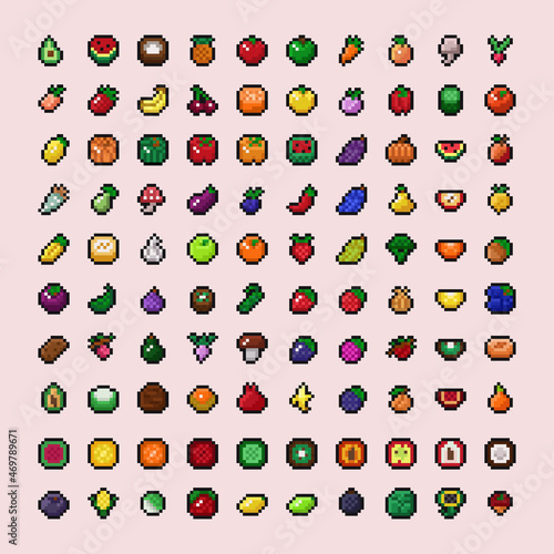 Fototapeta Naklejka Na Ścianę i Meble -  Vector pixel art icon illustration set - fruits, vegetables, mushrooms, nuts 8 bit retro styled game asset texture with black outline