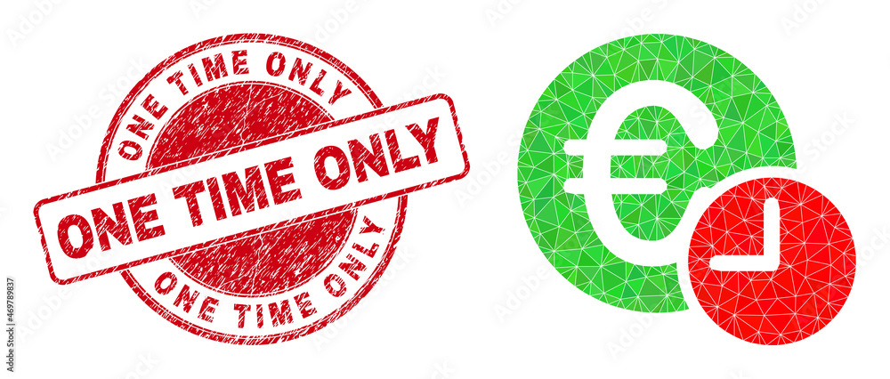 Low-Poly polygonal euro credit time symbol illustration with One Time Only textured stamp. Red stamp contains One Time Only caption inside circle form. Euro credit time icon is filled with triangles. Low-Poly polygonal euro credit time symbol illustration with One Time Only textured stamp. Red stamp contains One Time Only caption inside circle form. Euro credit time icon is filled with triangles.