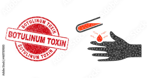 Low-Poly triangulated acid damaged hand 2d illustration, and BOTULINUM TOXIN textured seal print. Red stamp seal includes Botulinum Toxin text inside circle it.