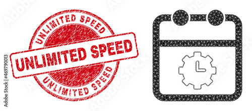 Low-Poly triangulated calendar time options symbol illustration, and Unlimited Speed unclean seal print. Red seal contains Unlimited Speed tag inside circle shape.