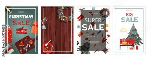 Set of flat vector banners Big Christmas sale. Cartoon Christmas template with festive decorations and food. New Year s card with a Christmas wreath, toys and garlands. Background for postcards and