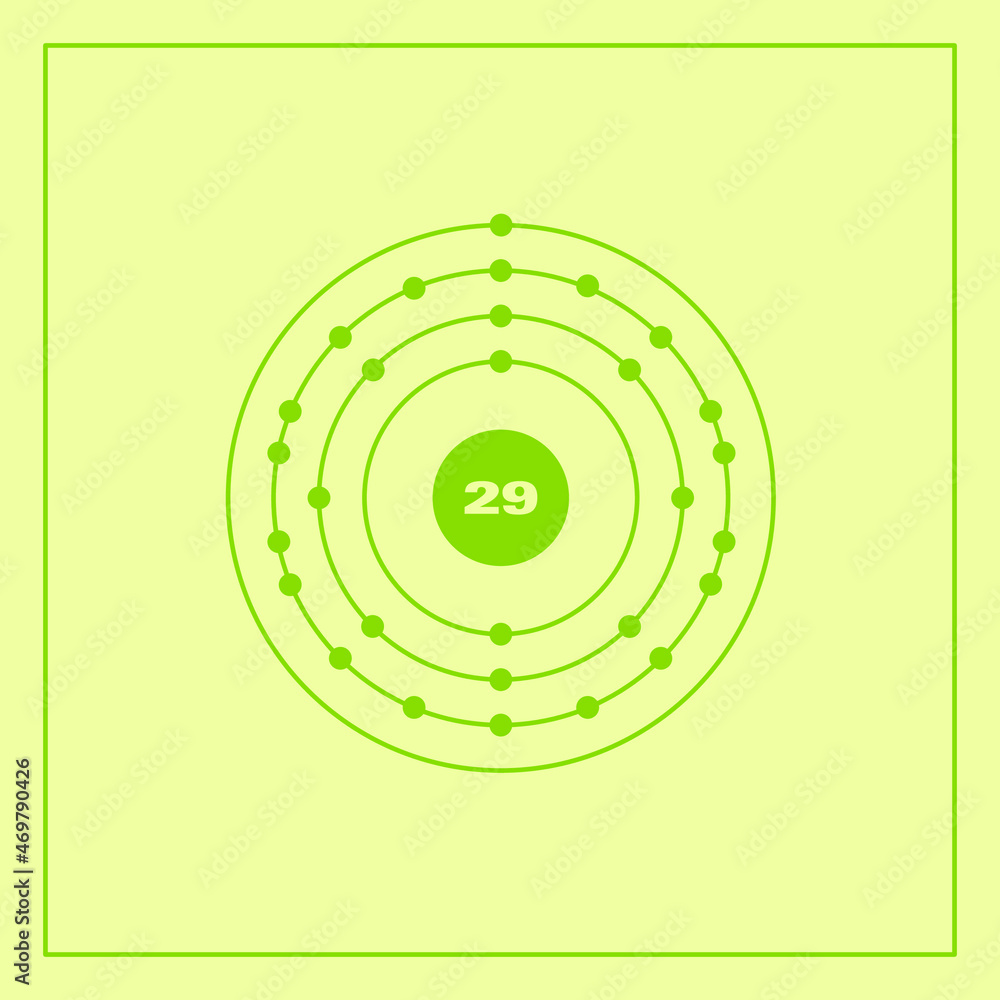 Bohr model representation of the copper atom, number 29 and symbol Cu.
Conceptual vector illustration of copper atom and electron configuration 2, 8, 18, 1. Bohr model representation of the copper atom, number 29 and symbol Cu.
Conceptual vector illustration of copper atom and electron configuration 2, 8, 18, 1.