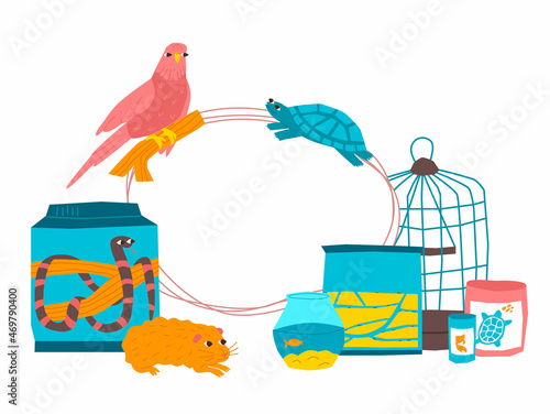 Vector flat illustration text frame with a set of goods accessories and food for domestic exotic pets. Rodent, snake, fish, parrot are drawn. It can be used to design the names of topics, titles, etc.
