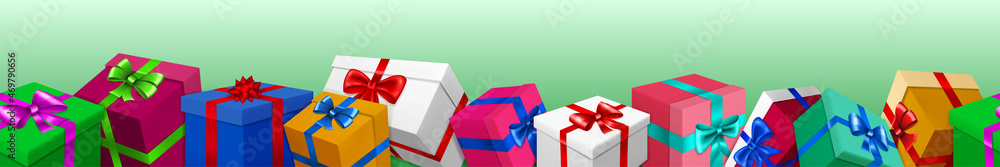 Banner with bunch of colored gift boxes with ribbons and bows on light green background. With seamless horizontal repetition Banner with bunch of colored gift boxes with ribbons and bows on light green background. With seamless horizontal repetition