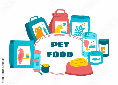 Vector flat illustration frame with sets of complementary foods for pets, dogs, cats, reptiles, turtles, fish, etc. in bags, canned food. Pets bowl, feeder and drinking bowl for birds. Text space.