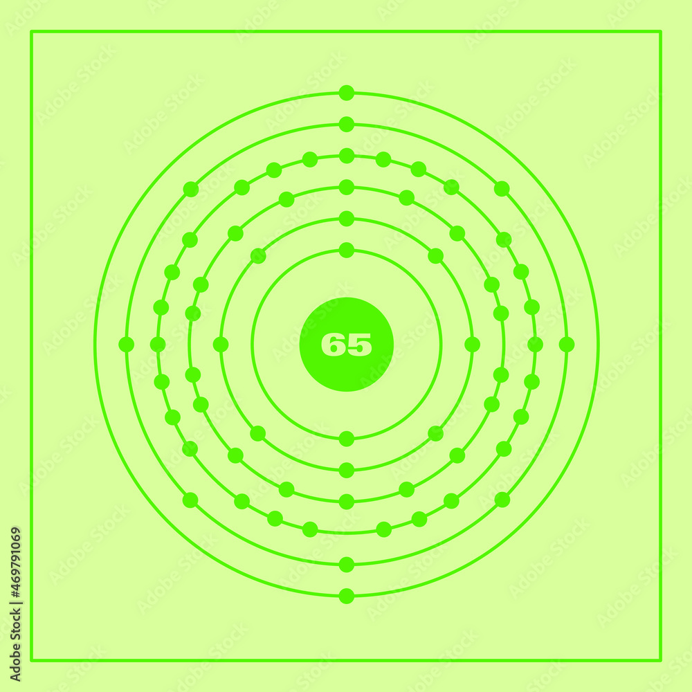 Bohr model representation of the terbium atom, number 65 and symbol Tb.
Conceptual vector illustration of terbium atom and electron configuration 2, 8, 18, 27, 8, 2. Bohr model representation of the terbium atom, number 65 and symbol Tb.
Conceptual vector illustration of terbium atom and electron configuration 2, 8, 18, 27, 8, 2.
