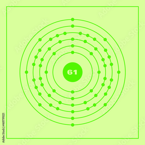Bohr model representation of the promethium atom, number 61 and symbol Pm.
Conceptual vector illustration of promethium atom and electron configuration 2, 8, 18, 23, 8, 2. photo