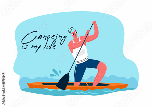 Vector illustration with a young male athlete who participates in a race, canoeing. The concept of canoe, Kanusport, competitions, lifestyle, hobbies, water summer sports games.