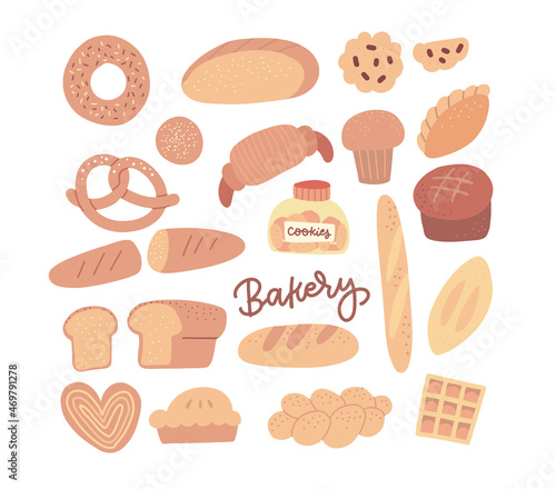Various bakery and pastry products icons set in flat hand drawn style. Tasty vector illustration. All elements are isolated on white background.