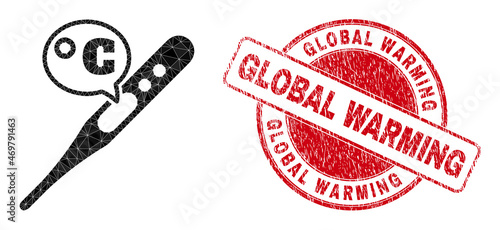 Low-Poly polygonal celsius thermometer icon illustration with Global Warming unclean stamp seal. Red seal contains Global Warming caption inside round shape.
