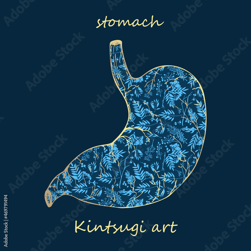 Porcelain stomach decorated blue plant pattern decorated golden craquelure in kintsugi art style. Modern upcycling eco trend. Good design for fashion t-shirt, fabric, scrapbooking, stickers Vector