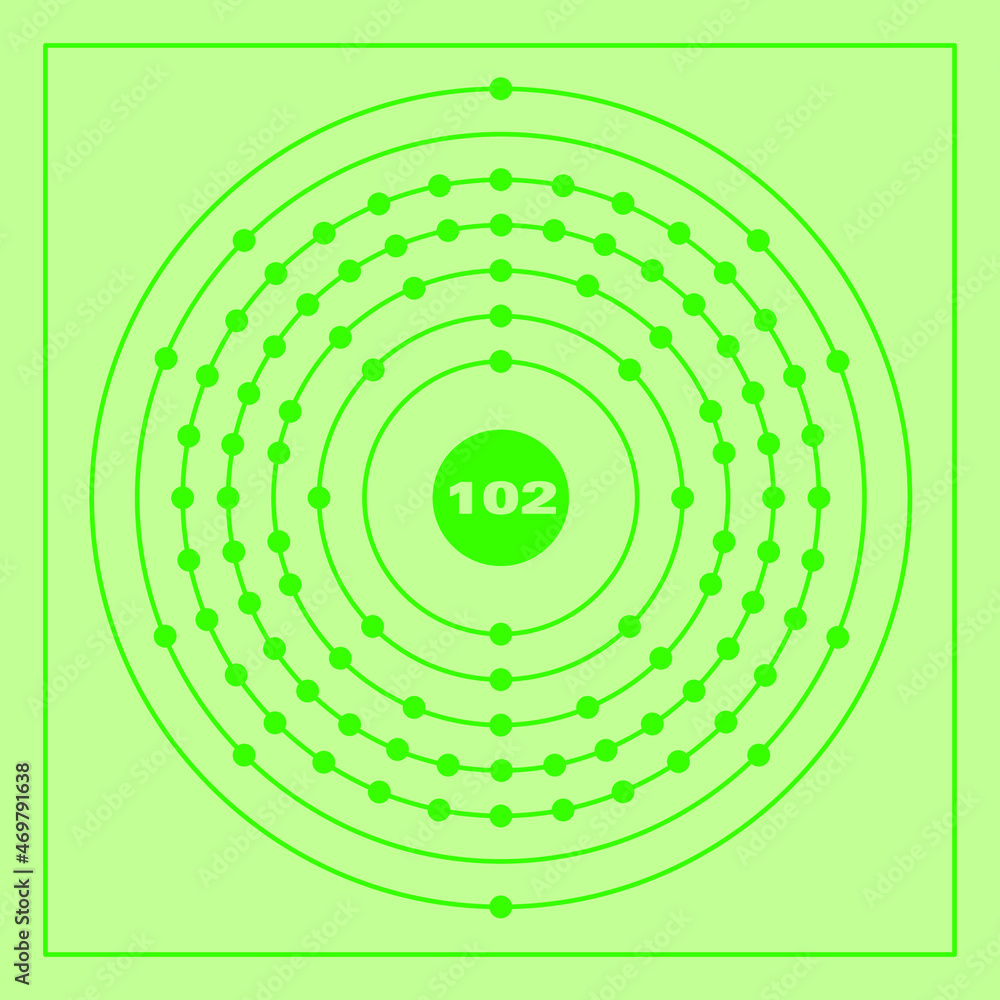 Bohr model representation of the nobelium atom, number 102 and symbol No.
Conceptual vector illustration of nobelium atom and electron configuration 2, 8, 18, 32, 32, 8, 2. Bohr model representation of the nobelium atom, number 102 and symbol No.
Conceptual vector illustration of nobelium atom and electron configuration 2, 8, 18, 32, 32, 8, 2.