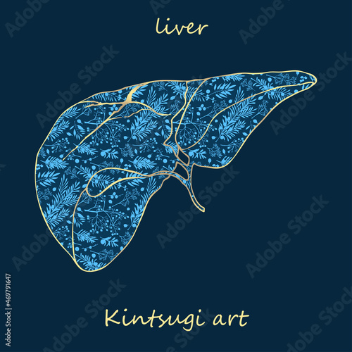 Porcelain liver decorated blue plant pattern decorated golden craquelure in kintsugi art style. Modern upcycling eco trend. Good design for fashion t-shirt, fabric, scrapbooking, stickers Vector