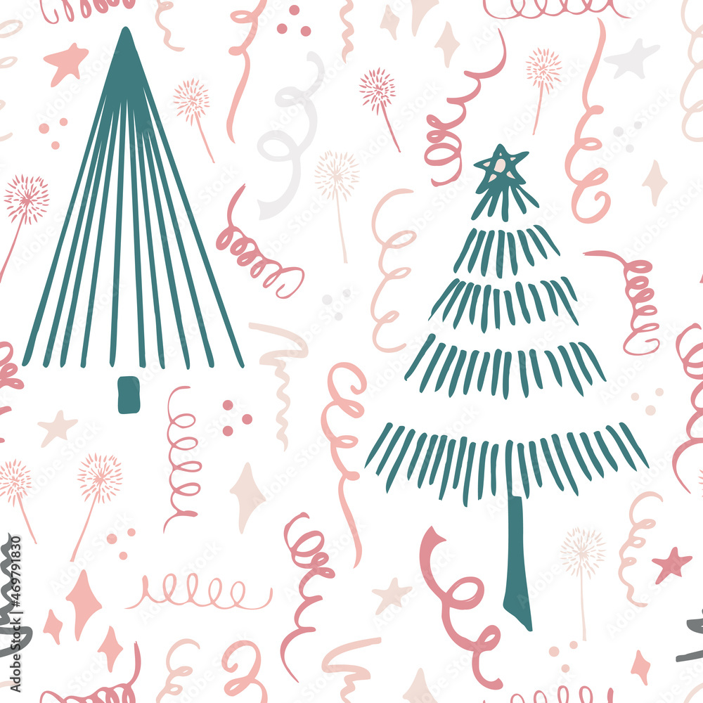 Christmas background party celebration vector seamless pattern stylized Christmas trees with candy gifts and sparklers. Wallpaper for wrapping paper, invitations, paper and cards, website backgrounds. Christmas background party celebration vector seamless pattern stylized Christmas trees with candy gifts and sparklers. Wallpaper for wrapping paper, invitations, paper and cards, website backgrounds.