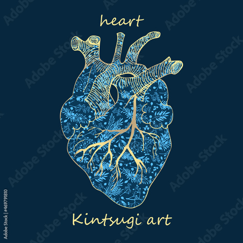 Porcelain heart decorated blue plant pattern decorated golden craquelure in kintsugi art style. Modern upcycling eco trend. Good design for fashion t-shirt, fabric, scrapbooking, stickers Vector
