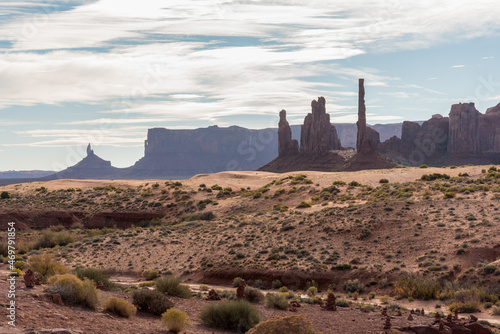 Scenic view of Totem Poles rock formation in the Monument Valley photo
