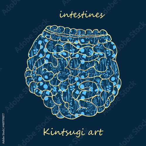 Porcelain intestines decorated blue plant pattern decorated golden craquelure in kintsugi art style. Modern upcycling eco trend. Good design for fashion t-shirt, fabric, scrapbooking, stickers Vector