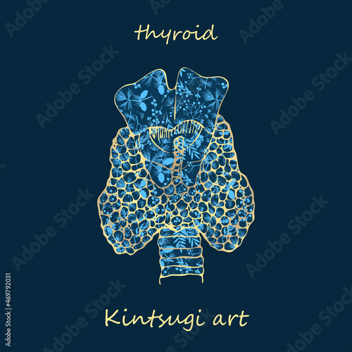Porcelain thyroid decorated blue plant pattern decorated golden craquelure in kintsugi art style. Modern upcycling eco trend. Good design for fashion t-shirt, fabric, scrapbooking, stickers Vector