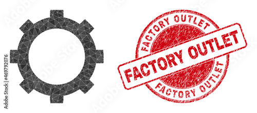 Lowpoly triangulated cog icon illustration, and Factory Outlet rubber stamp seal. Red stamp contains Factory Outlet caption inside circle it. Cog icon filled with triangles.