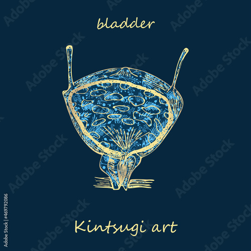 Porcelain bladder decorated blue plant pattern decorated golden craquelure in kintsugi art style. Modern upcycling eco trend. Good design for fashion t-shirt, fabric, scrapbooking, stickers Vector