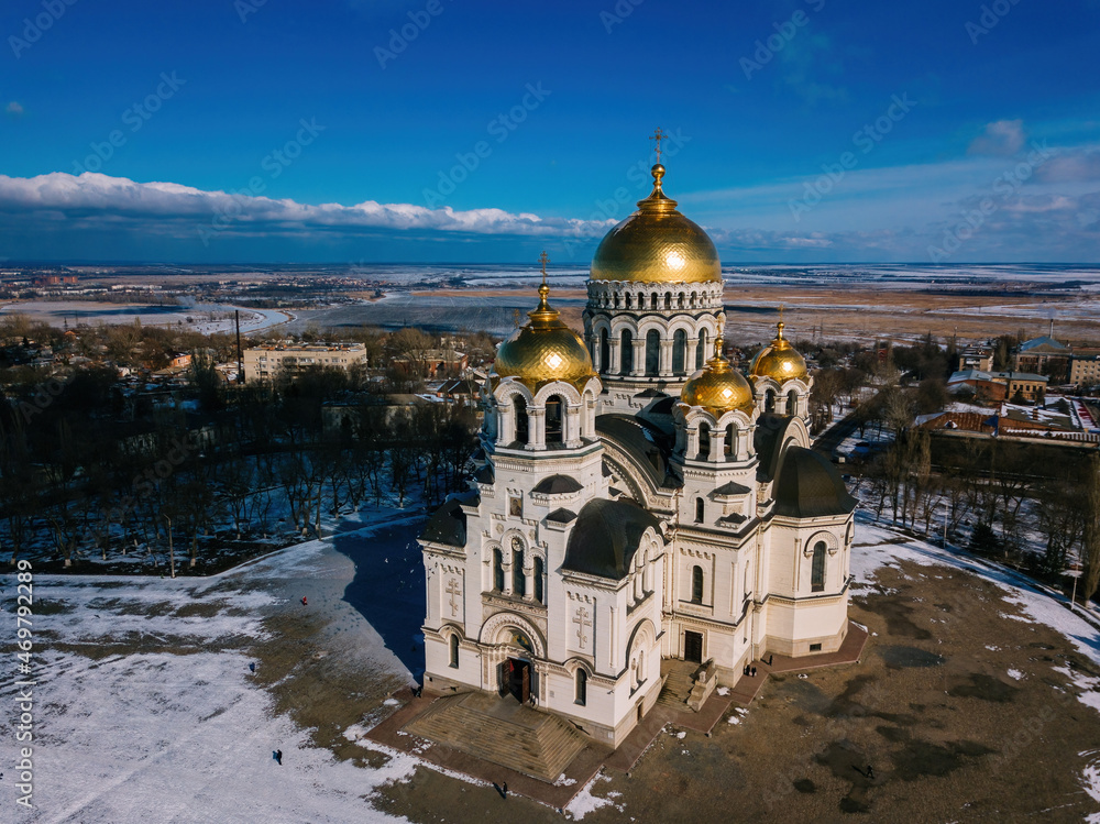 Ascension Cathedral in Novocherkassk in winter day, aerial view from drone