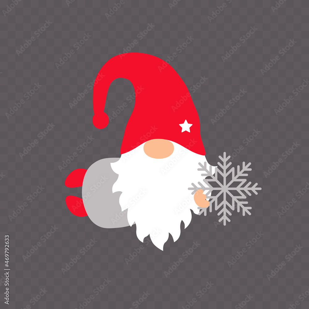 Christmas Gnome isolated on transparent background. Flying cute gnome holding snowflake. Vector illustration