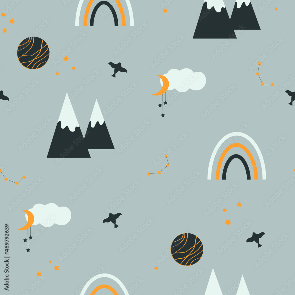 Cartoon mountains and rainbow seamless pattern. Scandinavian design for a children's room. Cute vector illustration of the night sky. Print for baby textile.