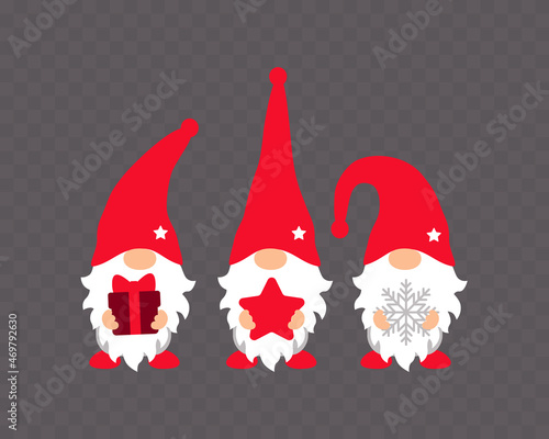 Christmas Gnomes isolated on transparent background. Three gnomes holding gift box, star and snowflake. Vector illustration
