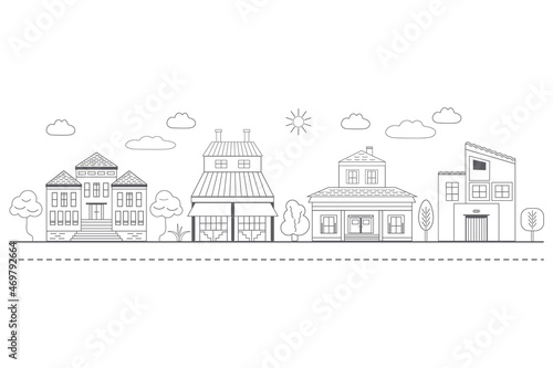 Solar panels and attics on the roofs of buildings. Sky with clouds and sun.