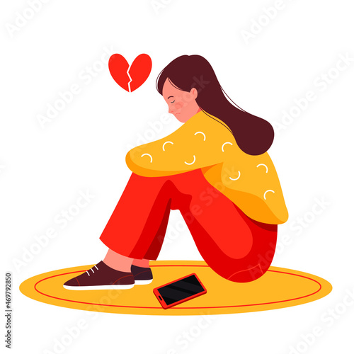Sad girl with a phone. Unrequited love, parting. Vector illustration.