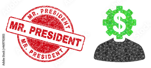 Lowpoly triangulated banker gear person icon illustration with MR. PRESIDENT corroded seal imitation. Red seal includes Mr. President tag inside round form.