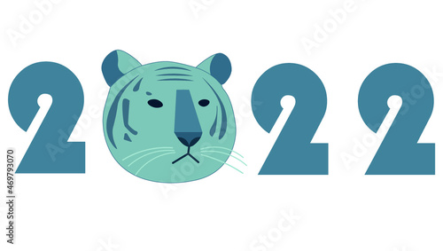 Blue tiger and numbers 2022 on a white background. Monochrome image. Vector.
