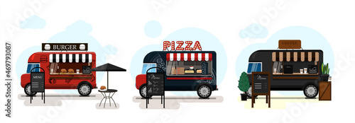 Set of vector food trucks with pizza, coffee and burgers. Vector flat illustration of a fast food vans on wheels with a striped awning and an advertising stand with a menu. Stylish retro illustration