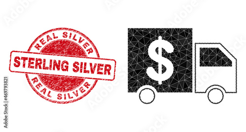 Low-Poly triangulated banking delivery 2d illustration, and Real Silver Sterling Silver dirty stamp seal. Red stamp seal has Real Silver Sterling Silver title inside round form.