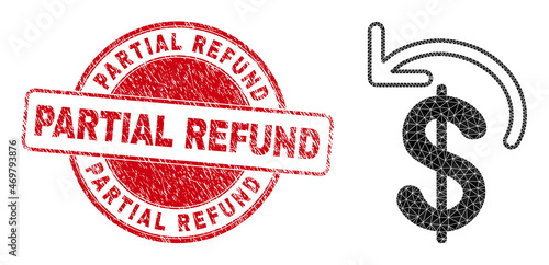 Lowpoly polygonal dollar refund icon illustration with Partial Refund rubber seal. Red stamp includes Partial Refund caption inside round form. Dollar refund icon is filled with triangles.