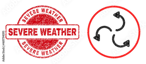 Low-Poly polygonal cyclone arrows icon illustration, and SEVERE WEATHER unclean stamp seal. Red stamp seal has Severe Weather tag inside round form. Cyclone arrows icon filled with triangles.