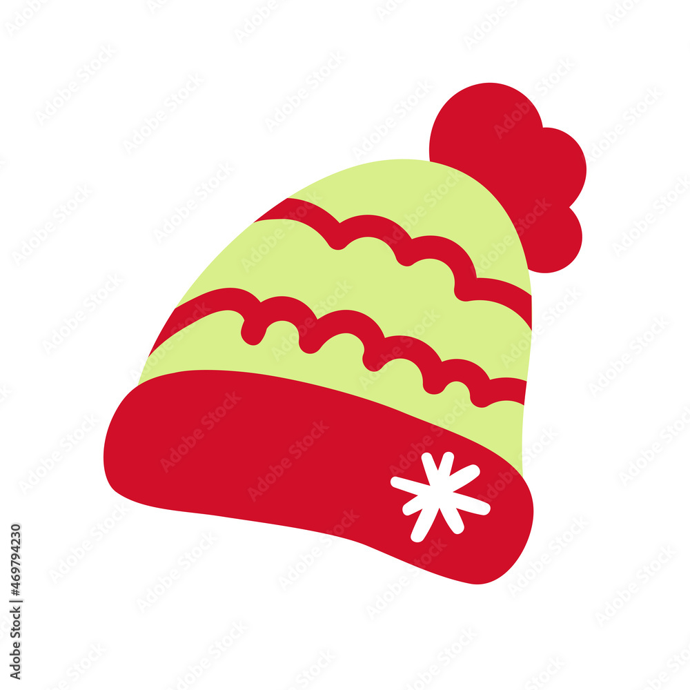 cute cartoon striped green and red hat with a pompom and a snowflake. vector image isolated on a white background cute cartoon striped green and red hat with a pompom and a snowflake. vector image isolated on a white background