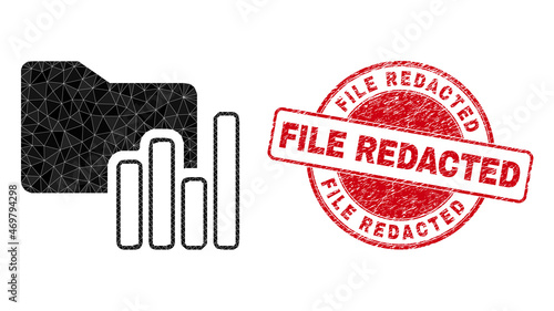 Lowpoly triangulated charts folder 2d illustration with File Redacted unclean seal. Red stamp seal has File Redacted tag inside round it. Charts folder icon filled with triangles.