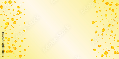 Bitcoin, internet currency coins falling. Favorable scattered BTC coins. Cryptocurrency, digital money. Popular jackpot, wealth or success concept. Vector illustration.