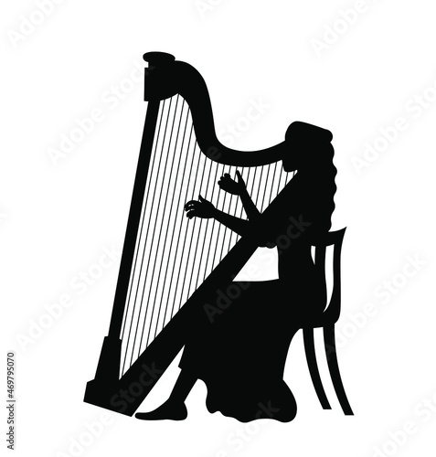 Woman playing harp silhouette vector illustration