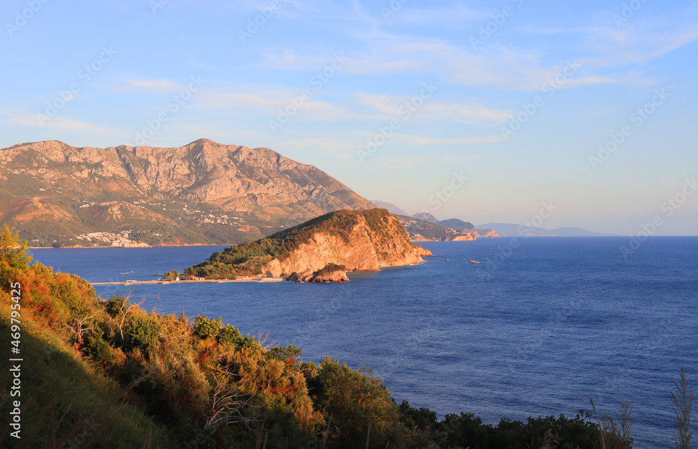 View of St. Nicholas Island from observation desk in Budva, Montenegro